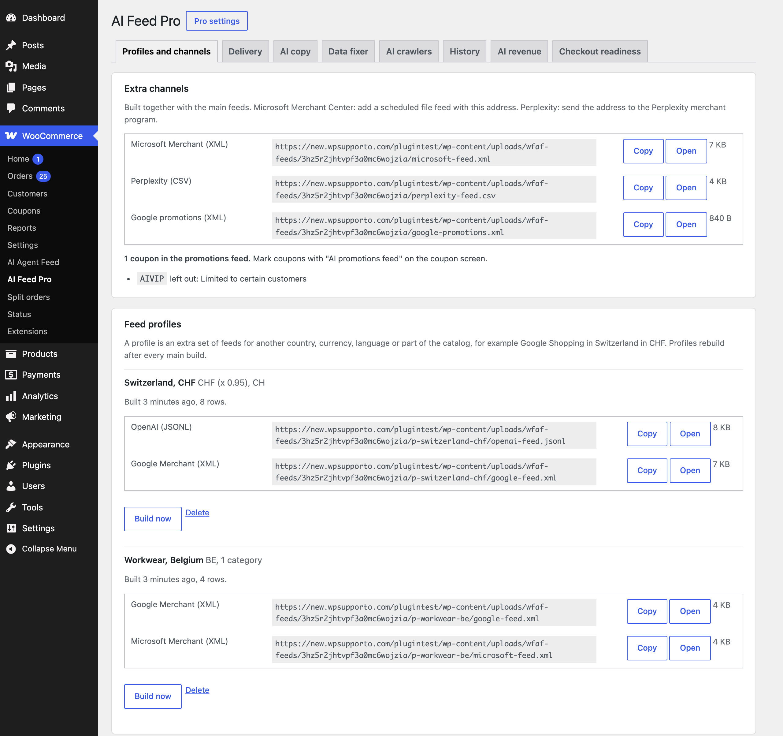 Profiles and channels tab
