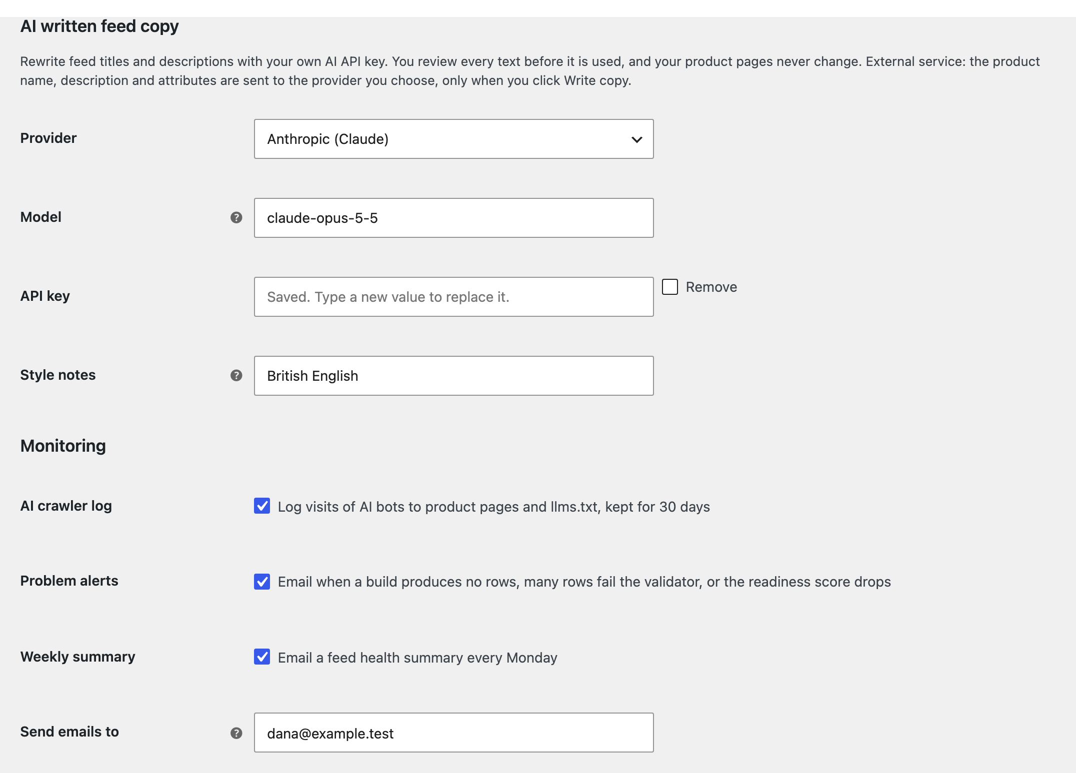 AI copy settings