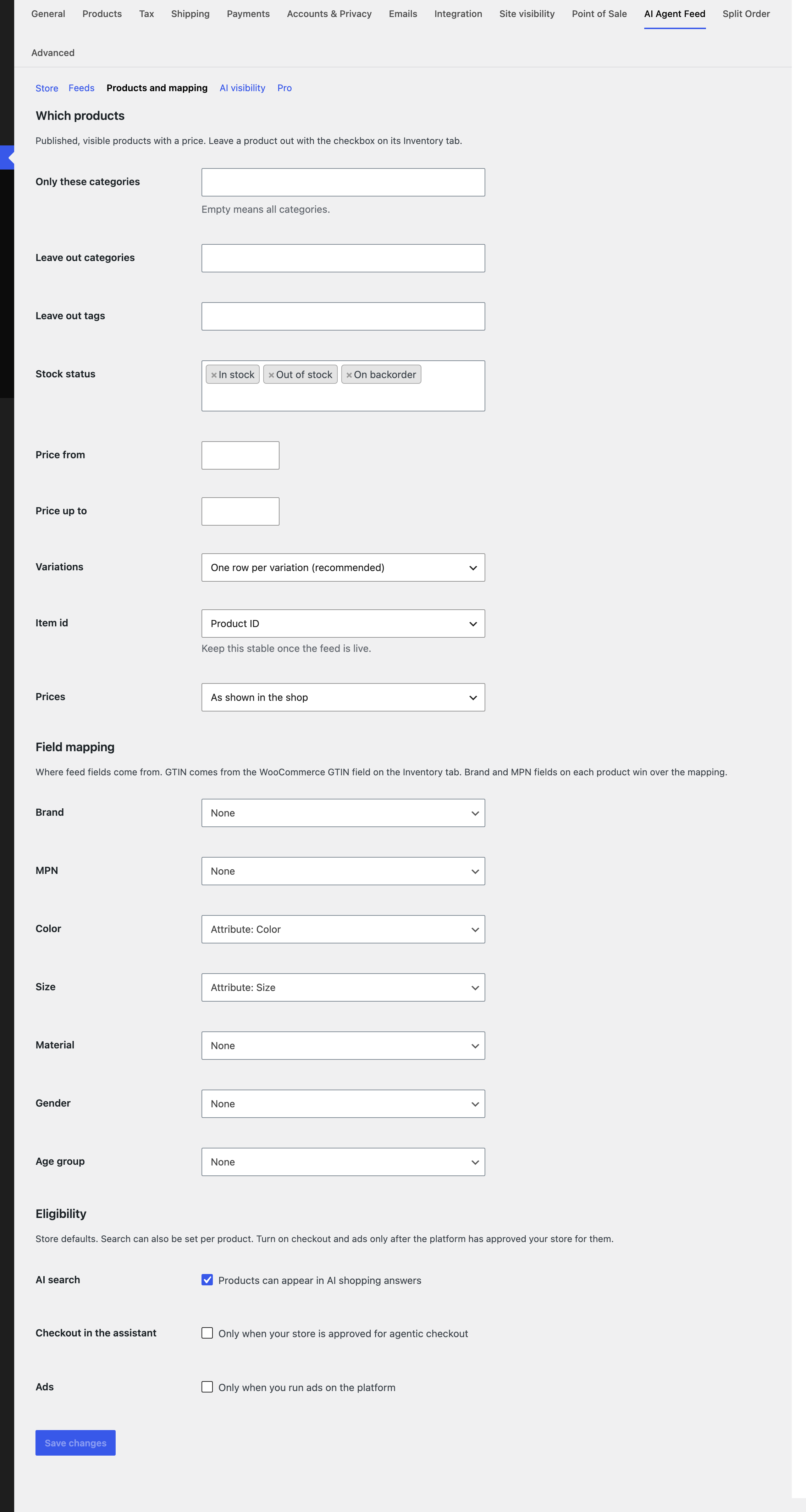 Products and mapping settings