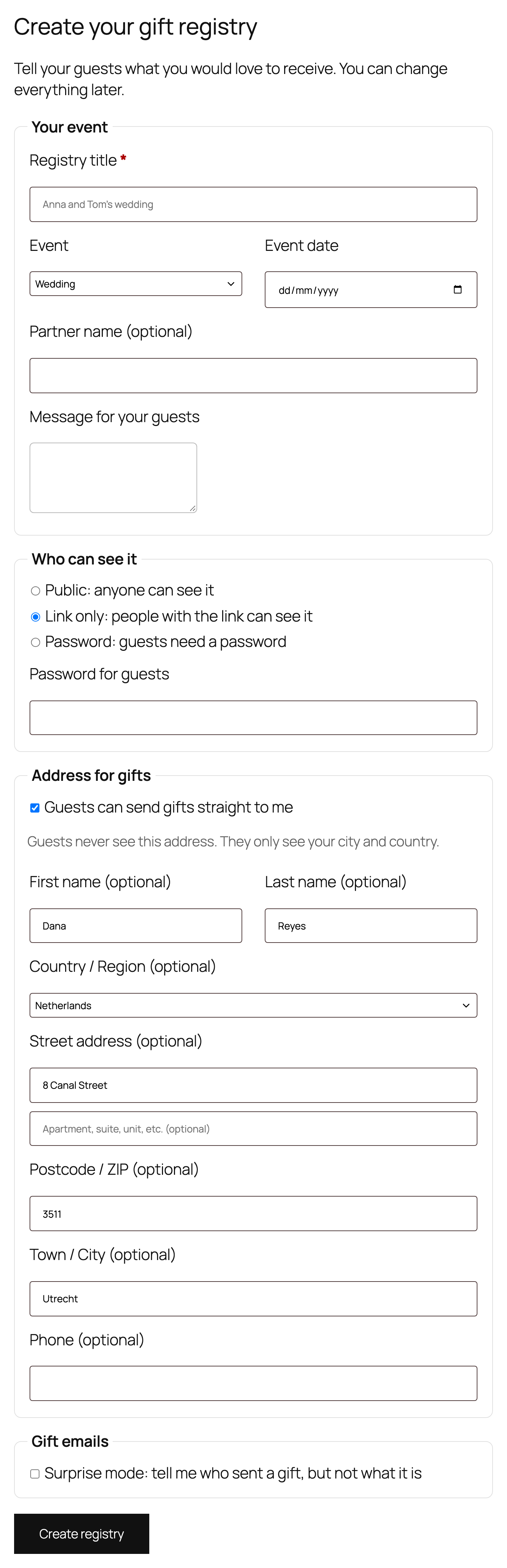 Create registry form