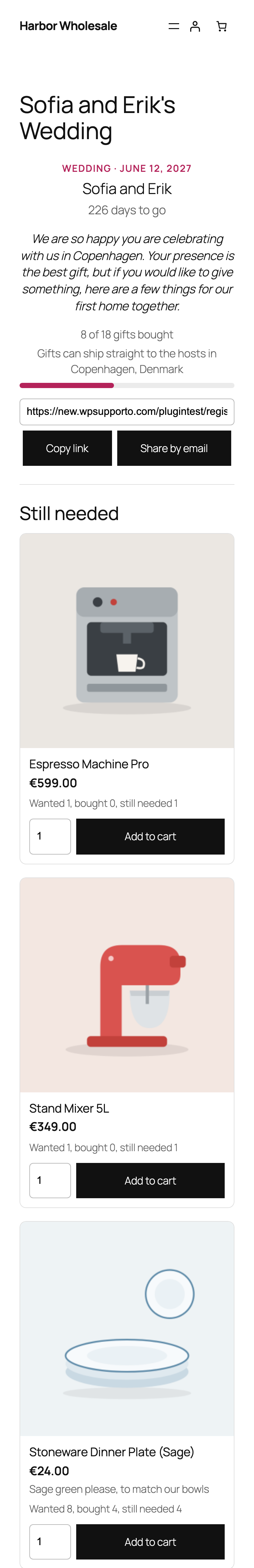 Registry page on a phone