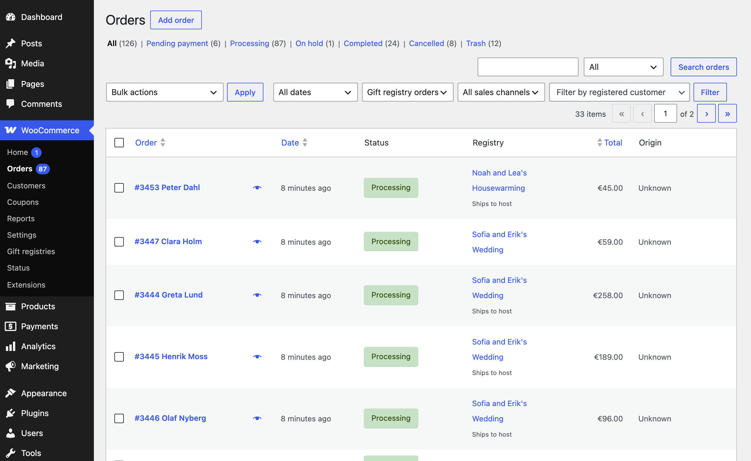 Orders with registry column