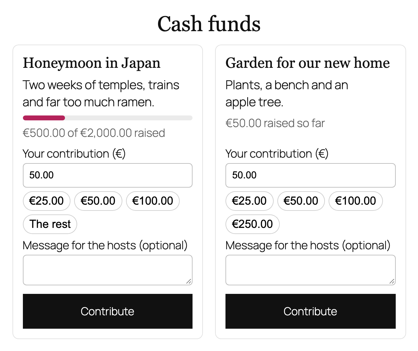 Cash funds on the registry page