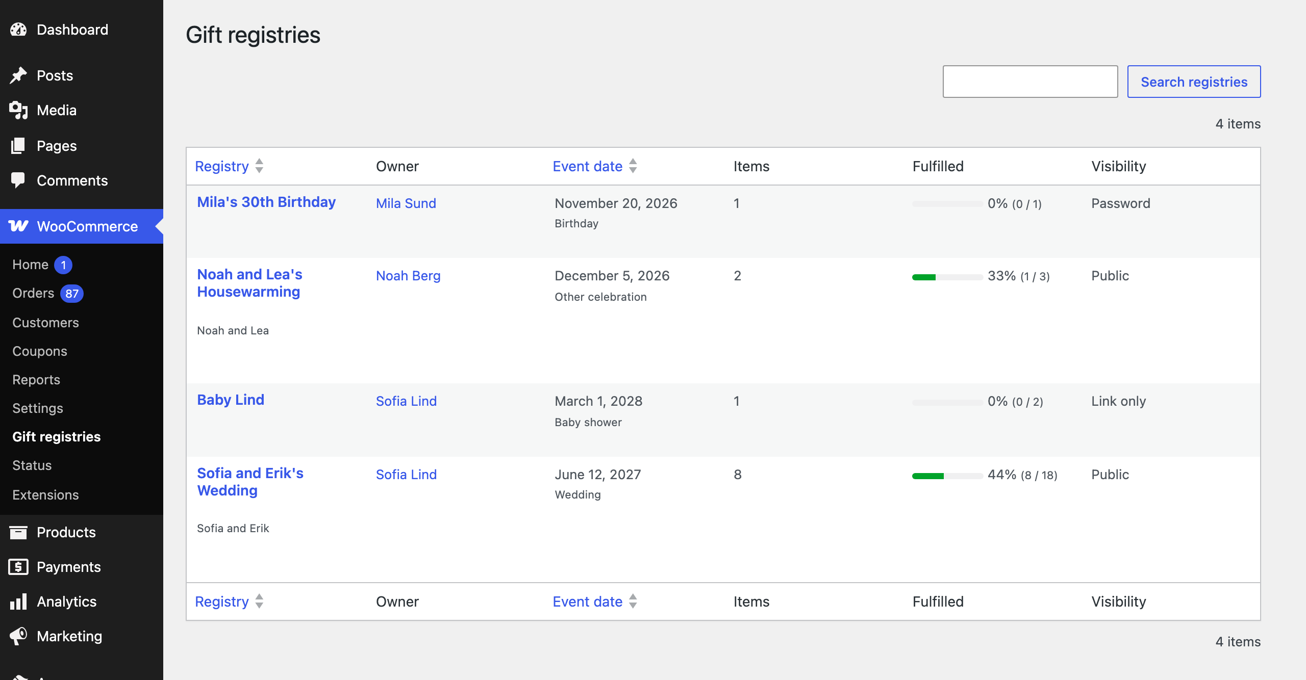 Registries list