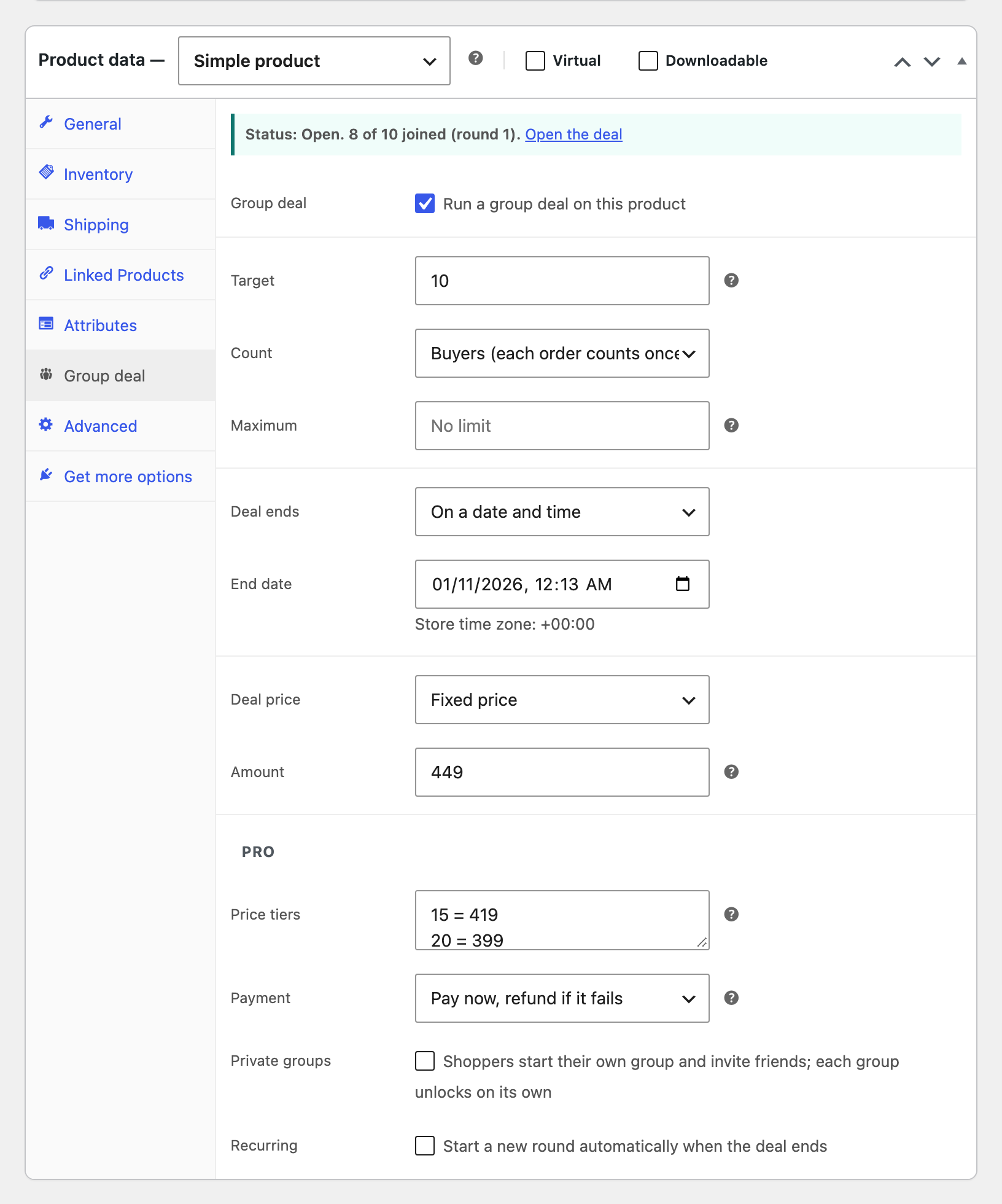 Pro fields in the Group deal tab