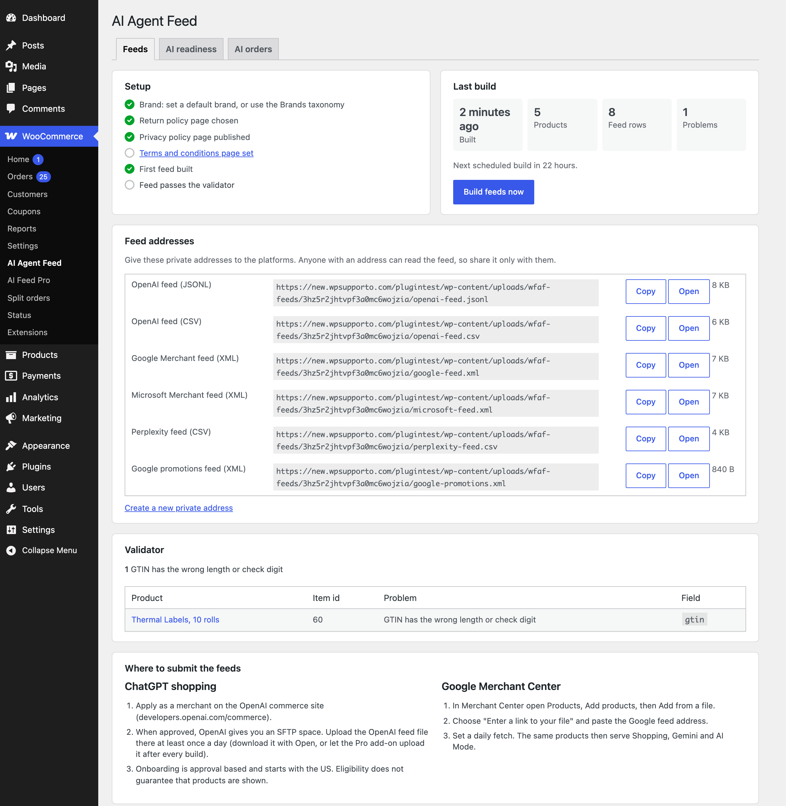 Feeds: setup list, last build, private feed addresses and the validator.