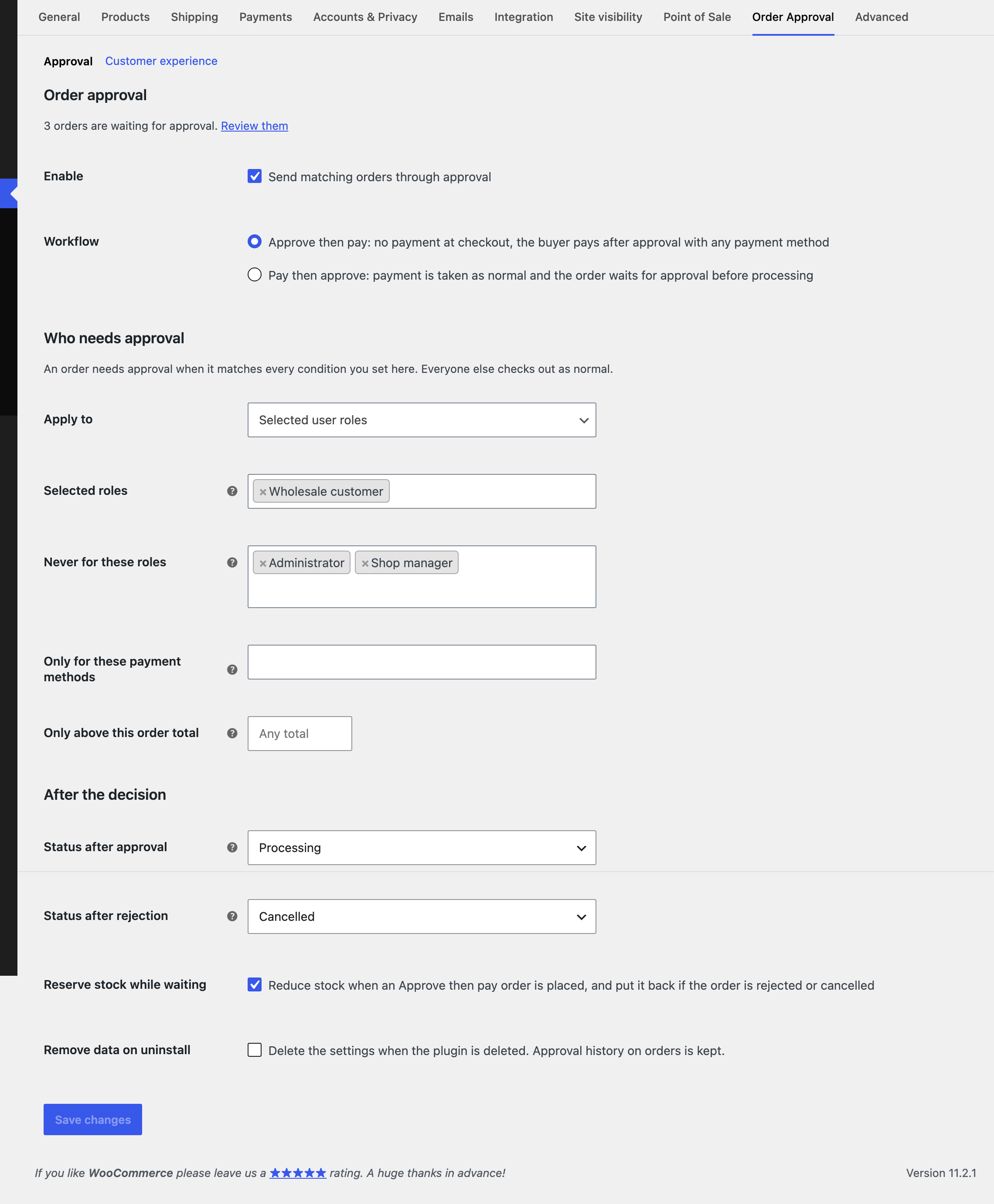 Settings: workflow and who needs approval.