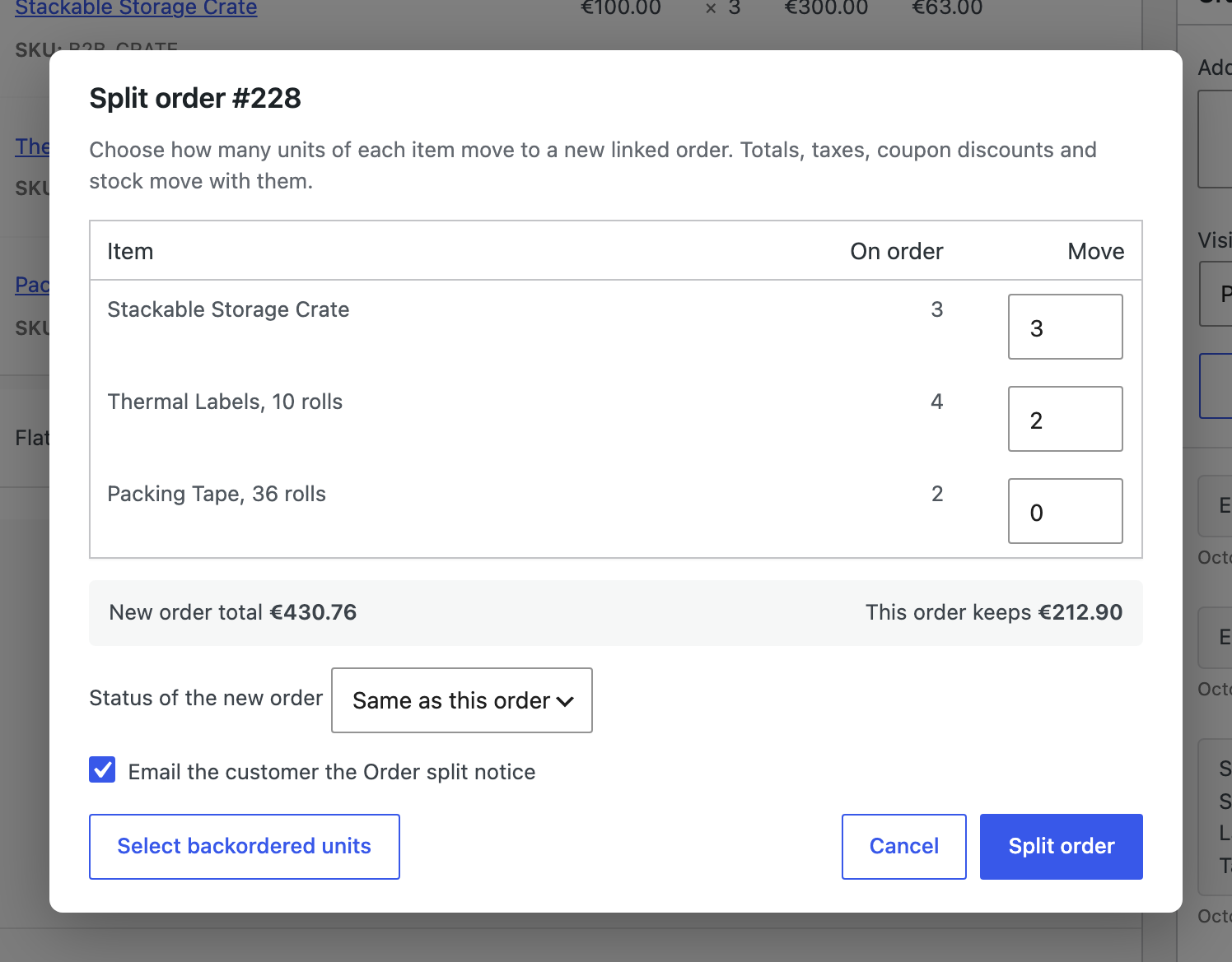 The Split order dialog with the totals of both orders.